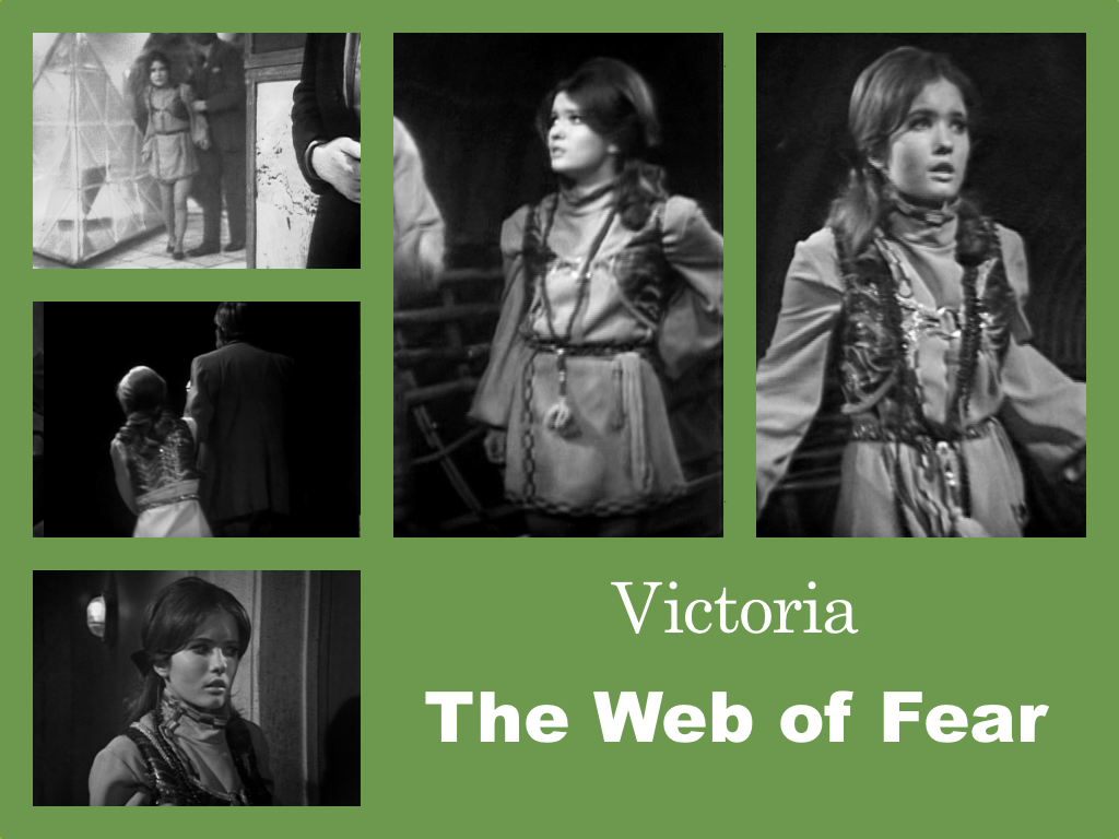 Selection of images of Victoria's outfit from The Web of Fear. A mini-dress, that looks as if it is wrap-around with a patterned border. Some sort of sleeveless bolero jacket fastened across teh bust with a bit clasp. A long tassled necklace.