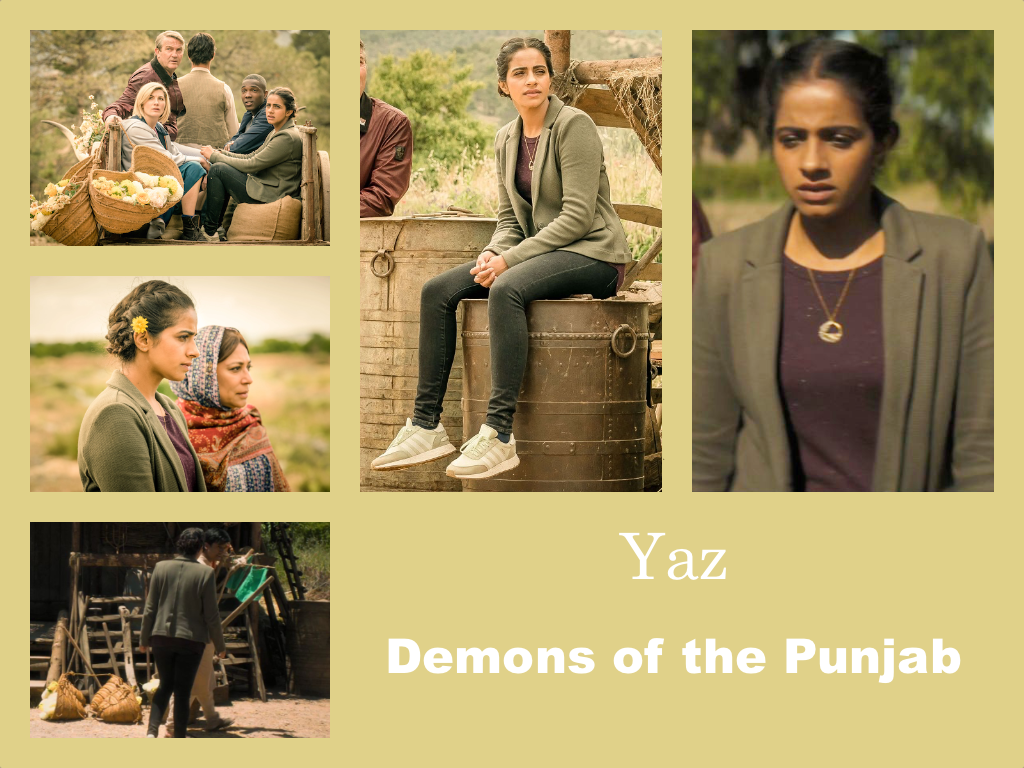 Selection of images of Yaz's outfit from Demons of the Punjab. Black skinny jeans with white trainers. A maroon top with a green blazer and a gold pendant necklate.