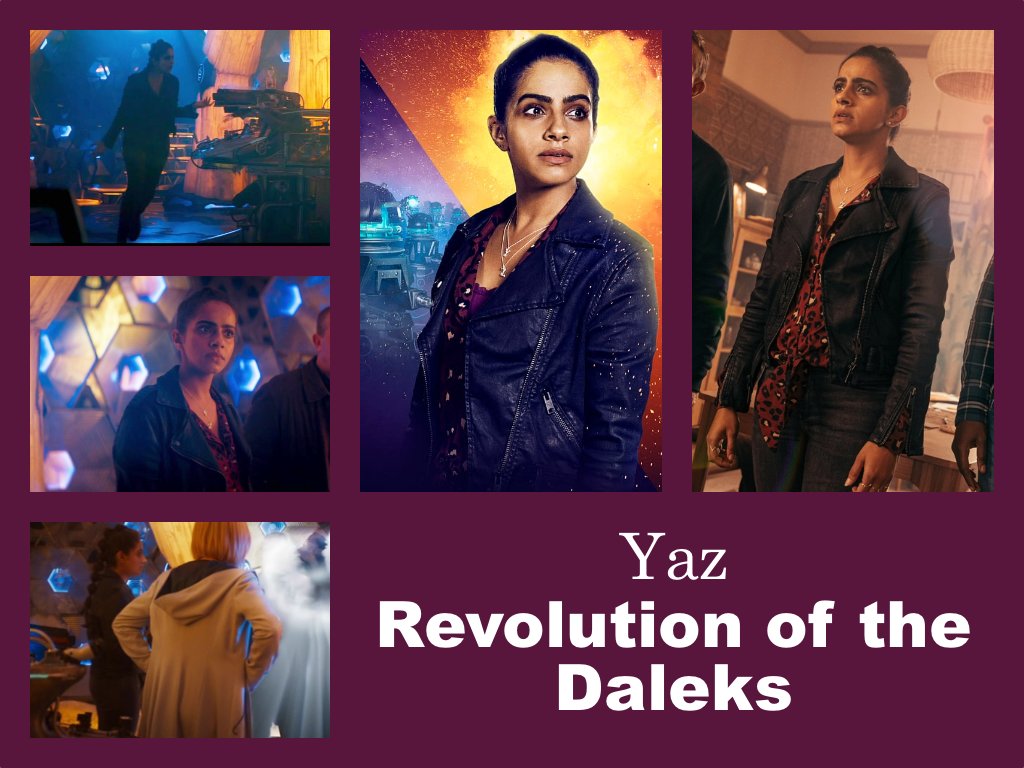 Selection of images of Yaz's outfit from Revolution of the Daleks. Black trousers and a black leather jacket over a red shirt, tied at hte waist with a pattern of black blobs with white centres.