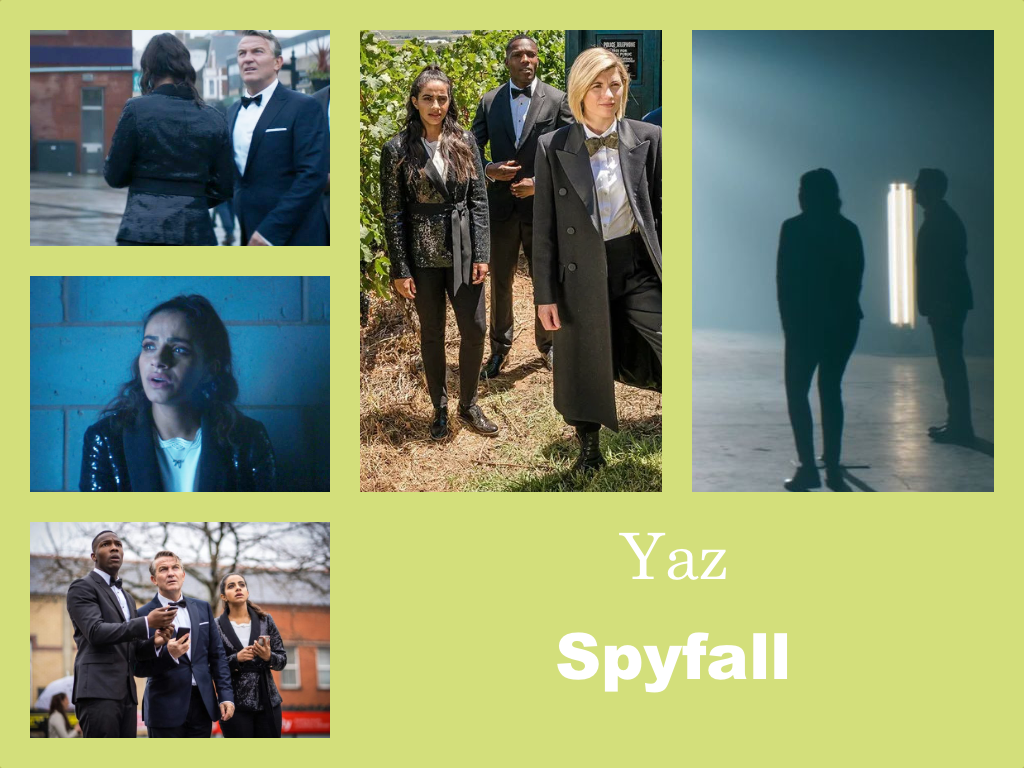 Selection of images of Yaz's outfit from Spyfall. Black trousers and boots. A black spangly jacket with a tied waist and a white shirt.
