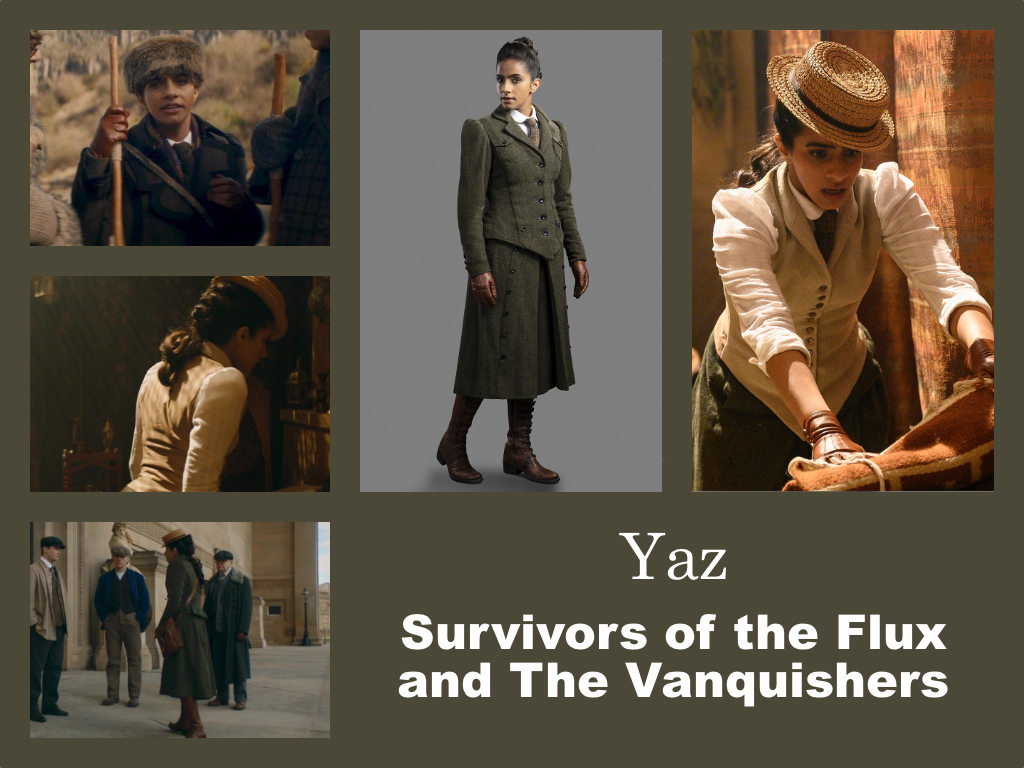 Selection of images of Yaz's outfit from Survivors of the Flux. A green wooolen (or tweed) hacket and skit with brown gloves and brown boots. Underneath a beige waistcoat, linen shirt and tie. Optional straw or furry hat.