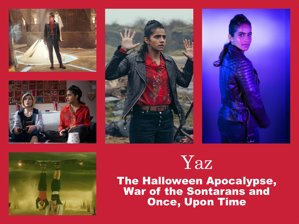 Selection of images of Yaz's outfit from Early in the Flux. A black leather biking jacket. Black jeans with silver buttons. Brown leather belt. Sensible boots. A bright red shirt with a floral pattern, suggestive of chinese fabrics.