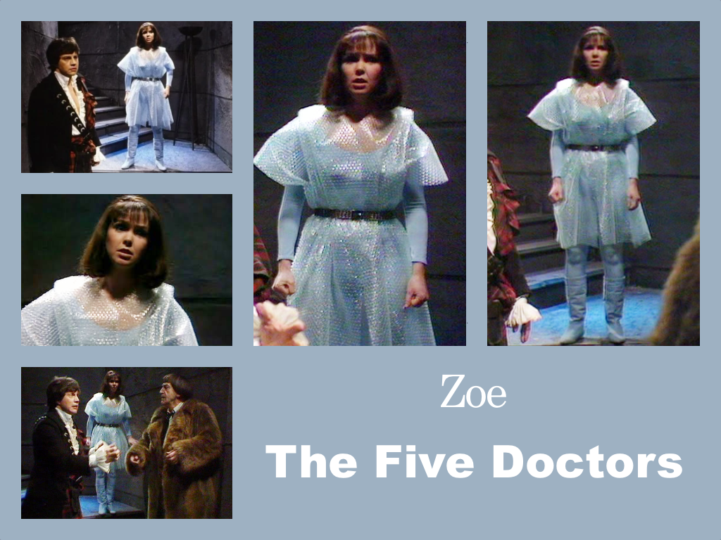 Selection of images of Zoe's outfit from The Five Doctors. Blue leotard and leggings with blue boots. Over the top a tunic made of bubble wrap with a brown belt.