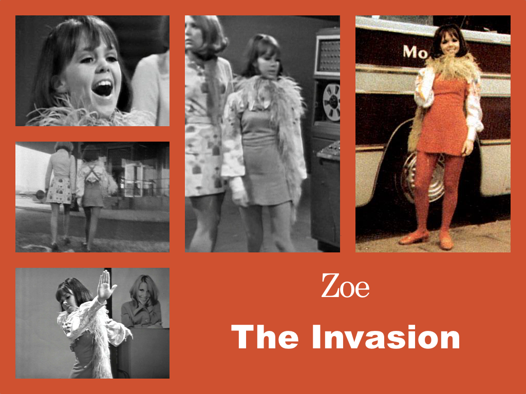 Selection of images of Zoe's outfit from The Invasion. An orange mini-dress with orange tights and low heeled shoes. The dress is sleeveless and it is over a white shirt with a pattern of large blotches. The look is finished off with a yellow feather boa.