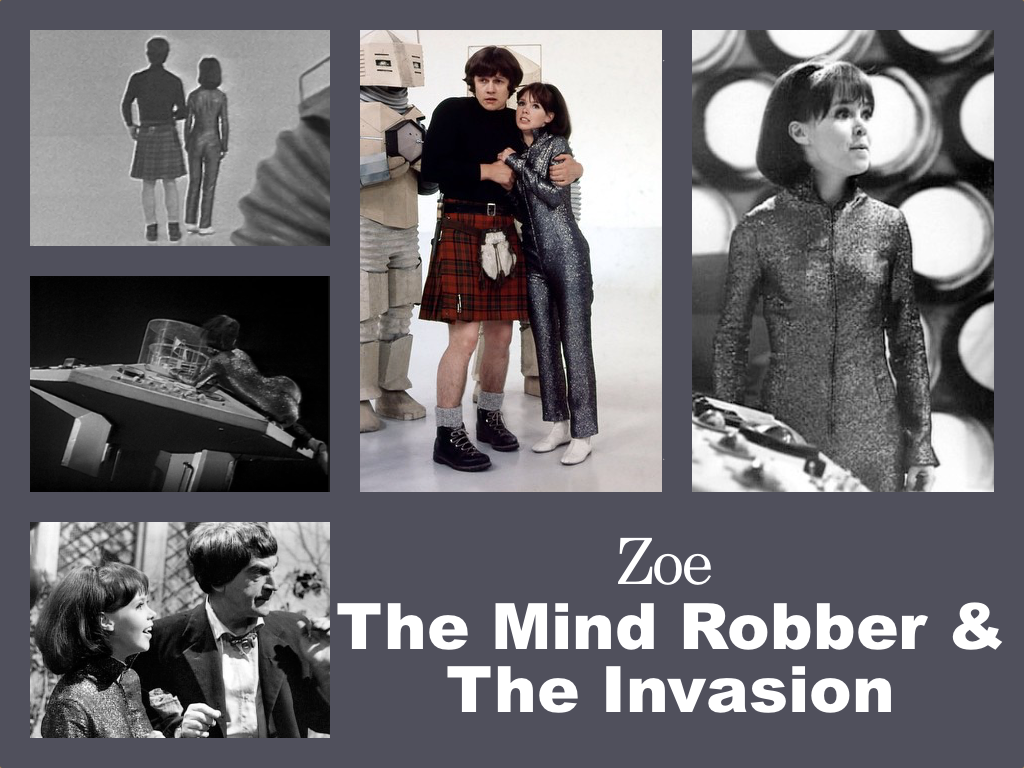 Selection of images of Zoe's outfit from The Mind Robber. An all-in one jump-suit in a sparkly silver/grey with white boots.