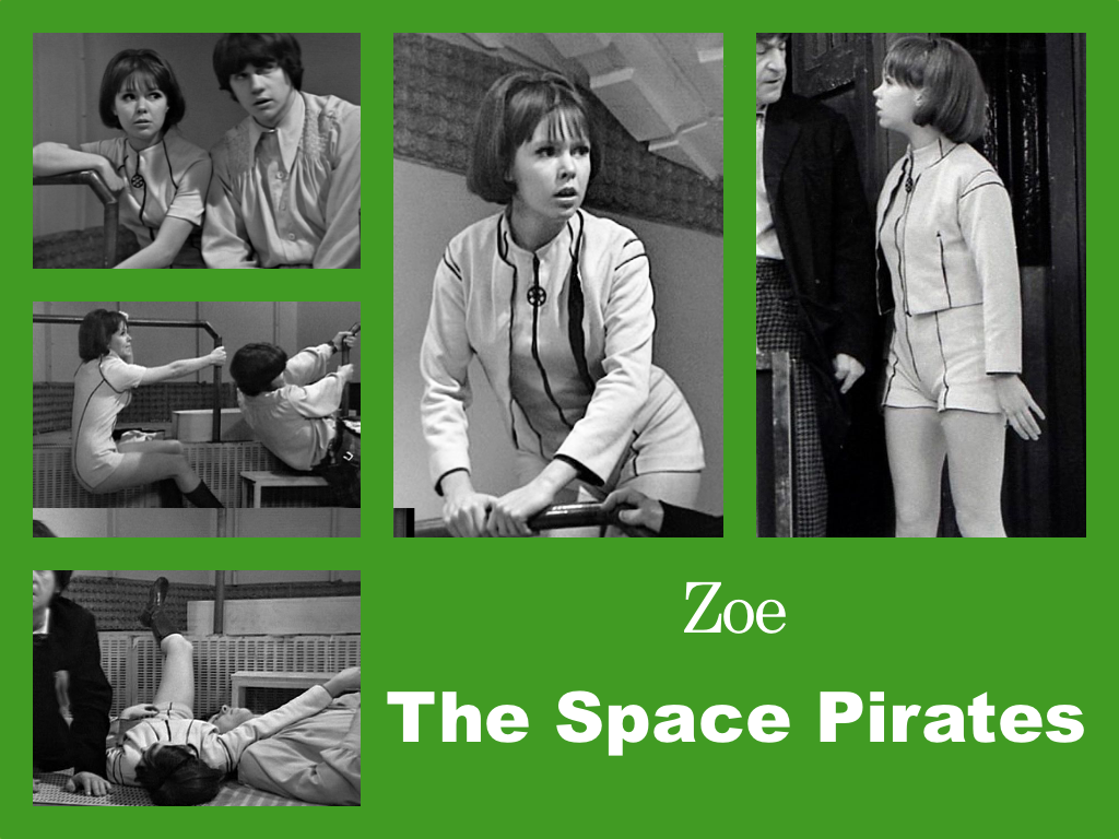 Selection of images of Zoe's outfit from the Space Pirates. A pale/white leotard shaped like shorts at the leg that is zipped up the front with a black zip with a circular decorative tab. It has black detailing on the seems and the edges at the sleeves. Over this is a short jacket in a simlar style. The overall effect is of white panels with black edging. Black boots.