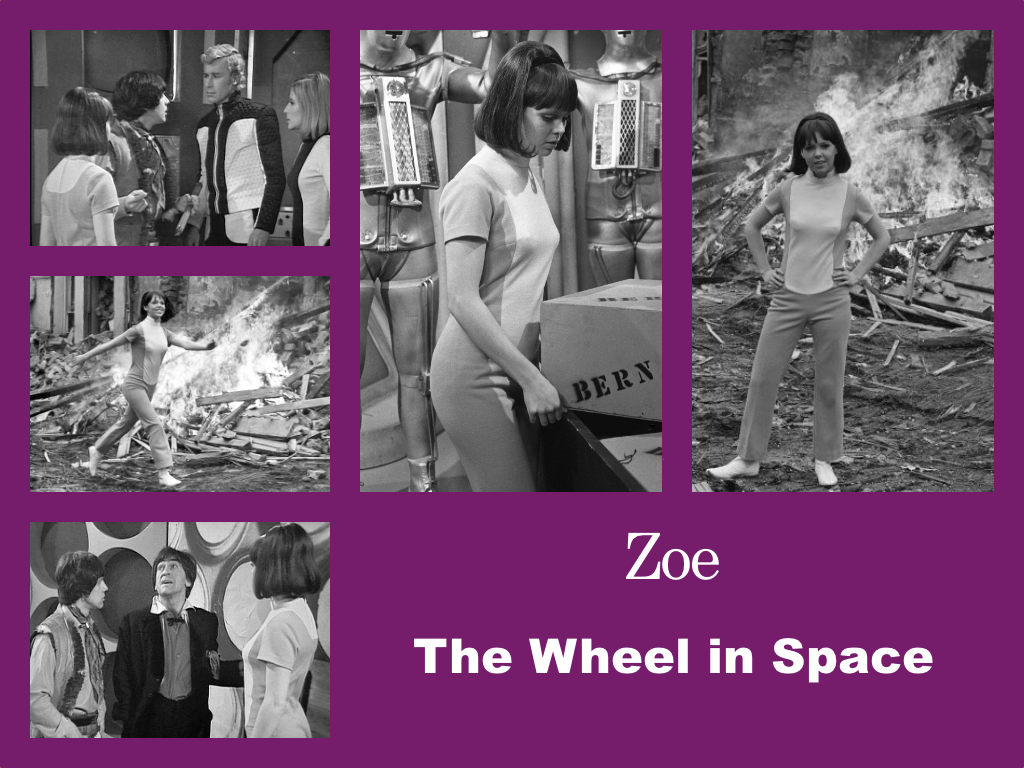 Selection of images of Zoe's outfit from The Wheel in Space. A stretchy, short-sleeved all-in-one jumpsuit with white boots. It has a high neck and a white front panel that forms a semi-circle at the neckline at the back.