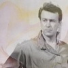Ian in an open-necked shirt.  Pinkish-yellow texture overlaid.