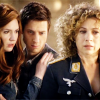 Amy, River and Rory from Let's Kill Hitler.  Amy and Rory stand behind River.