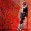 Ruby in her 1960s gear leaning against a wall.  Background is a red fiery texture.