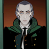 The Shalka Doctor.  Cartoon image.  Looking forwards, red background.