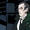 The Shalka Doctor.  Cartoon image.  Side profile to edge of icon.  Dark background with angular shapes just visible.