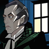The Shalka Doctor.  Cartoon image.  Side view of head and shoulders in front of Tardis window.