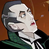 The Shalka Doctor.  Cartoon image.  Side view looking up, red background.