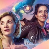 Thirteen and Yaz from a swirly pink and yellow publicity image