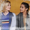 Jodie Whitaker and Mandip Gill wearing their costumes and looking at each other - white framing around the edge