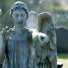 A weeping angel pointing at the camera with the other hand upraised in a claw.