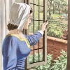 Woman in medieval dress with a white cap looking out of a window at a vegetable garden.