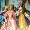 Woman in a pink ballgown hand in hand with a handsome prince in a powdered wig