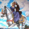 Woman in long purple dress and handsome prince on a white horse