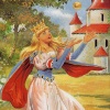 Princess in pink and blue with a crown, tossing a golden ball