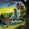 Coach and horses galloping towards a castle