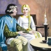 The prince, in blue, sits next to Rapuzel, in white.