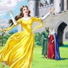 Woman in yellow medieval dress dancing in a garden.  Parents look on.