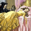 Sleeping beauty sleeps next to evil fairy in black.