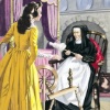 Sleeping beauty, in yellow, comes across an old woman with a spindle.