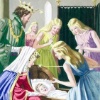 Fairies grant wishes to a sleeping baby while its parents look on.