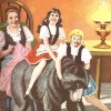Two girls playing with a large bear, one riding on its back, while their mother looks on.