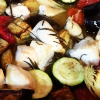 Close up of diced fried chicken and vegetables.