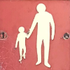 Person holding Child's Hand. White on Red.