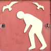 Person being mobbed by seagulls. White on Red.