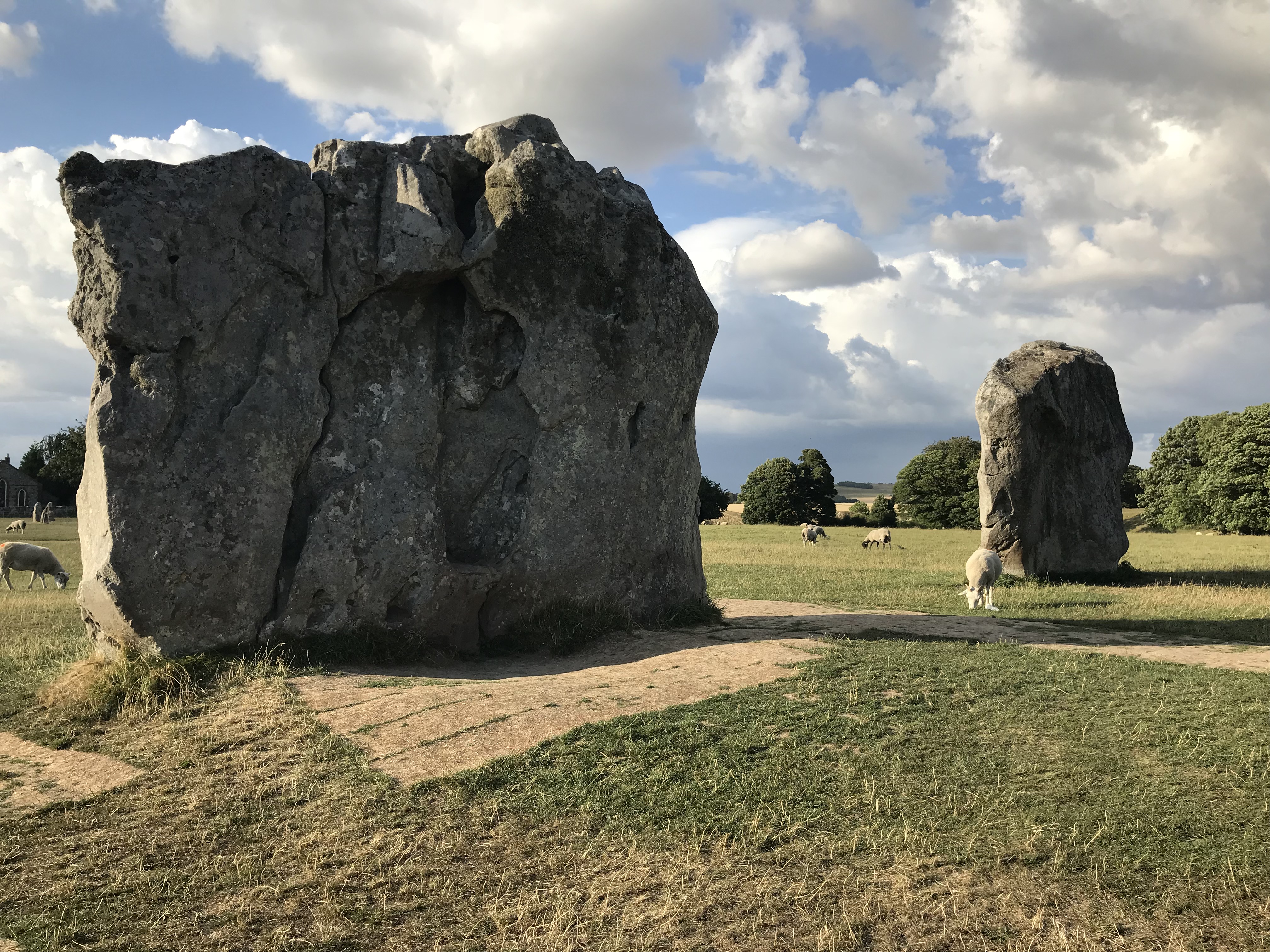 Avebur Stone Circle: A large and not quite so large stone.  Sheep are grazing.