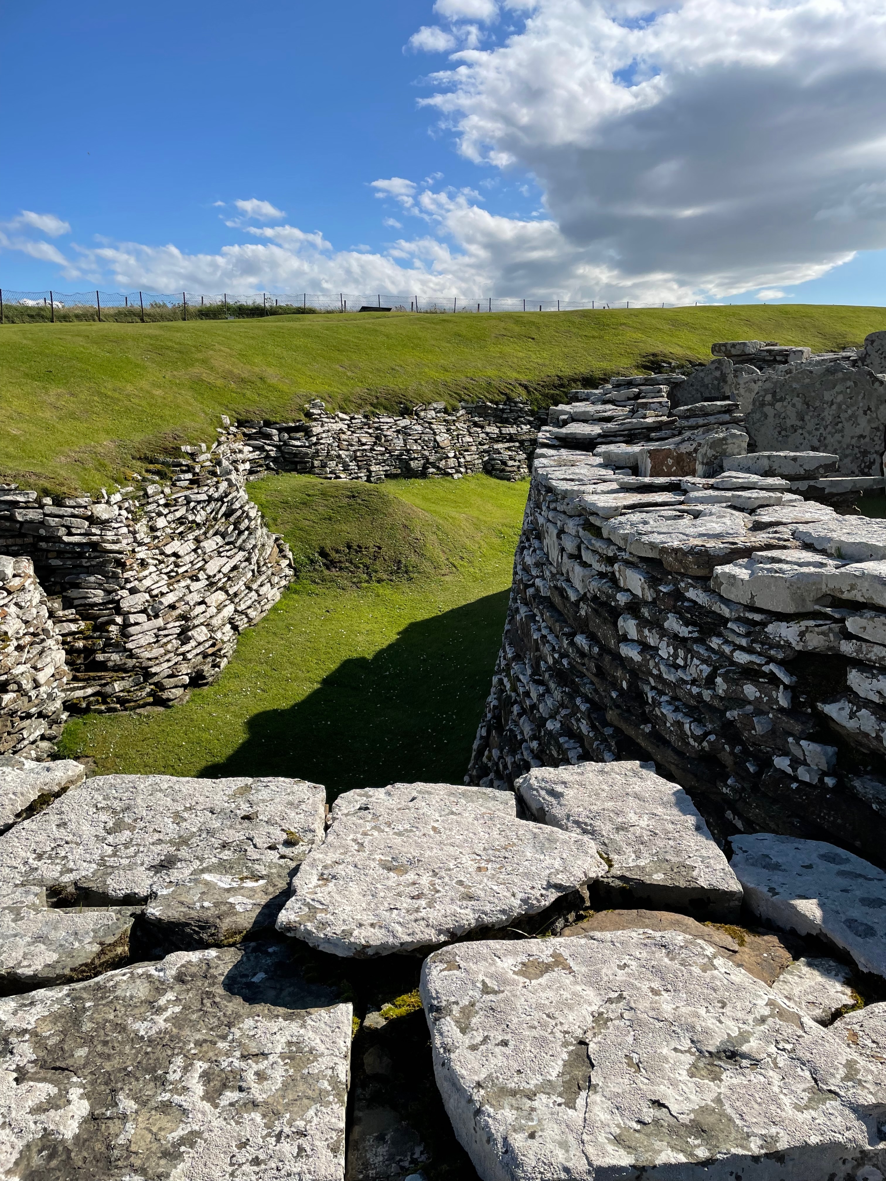 Round stone wall, a couple of metters high in a ditch, with other stones walls visible in the bank on the far side.