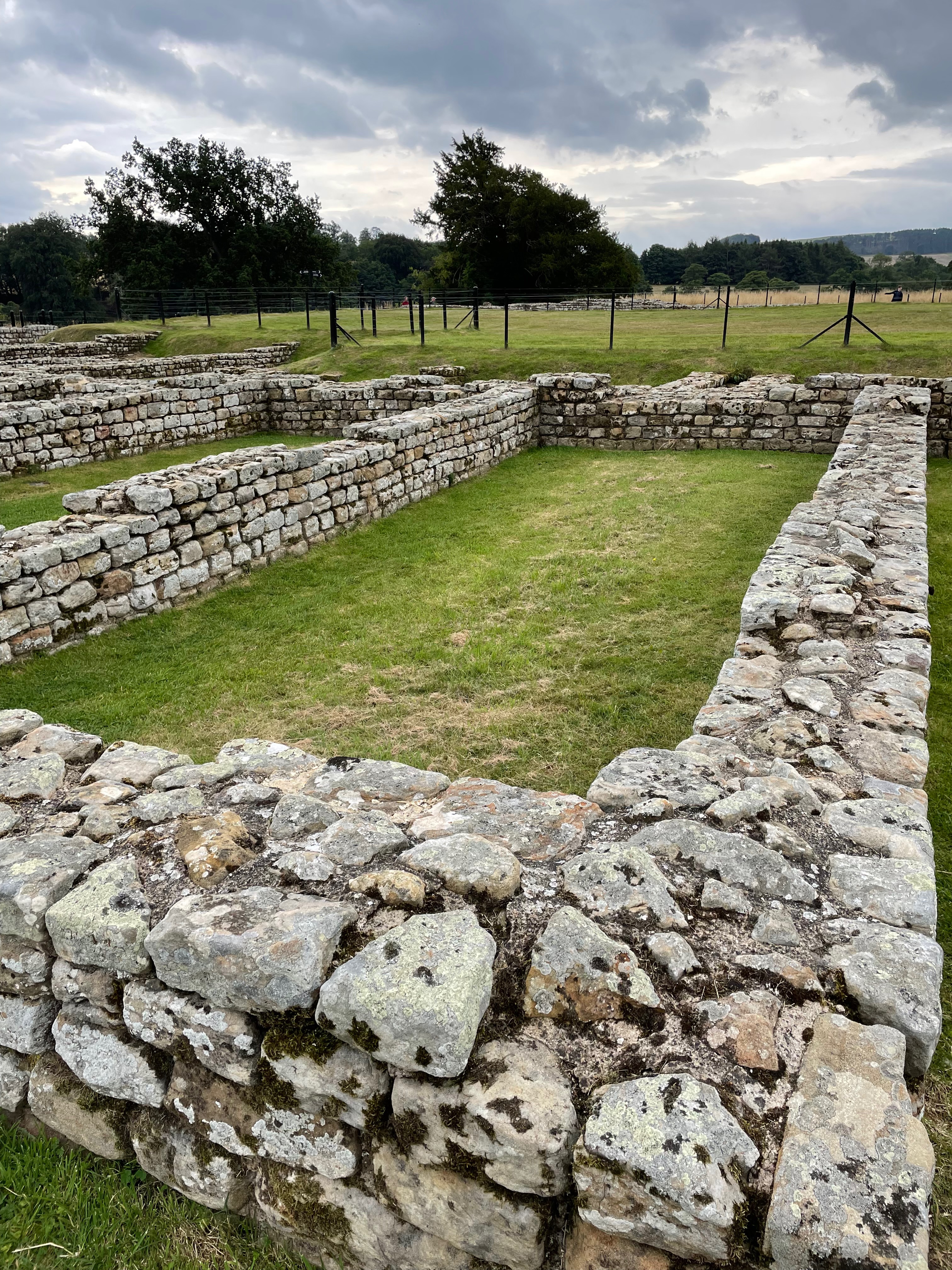 The footings of an oblong stone room - about four rows of bricks high.  Joined to further rooms to the left.