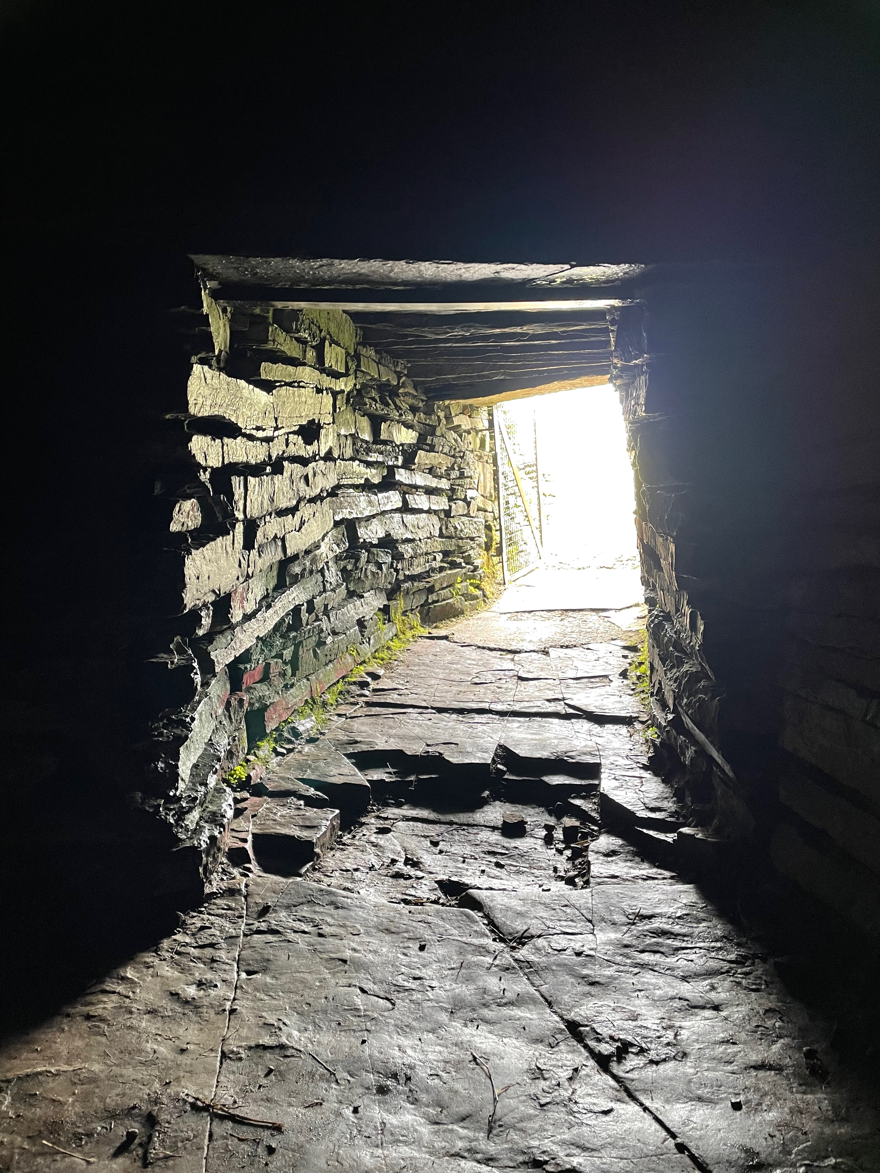 Looking out through a small squarish entrance.  Stone flagged floor and stone bricks line the sides.  Sun shines from the opening.  The tunnel is not quite straight.