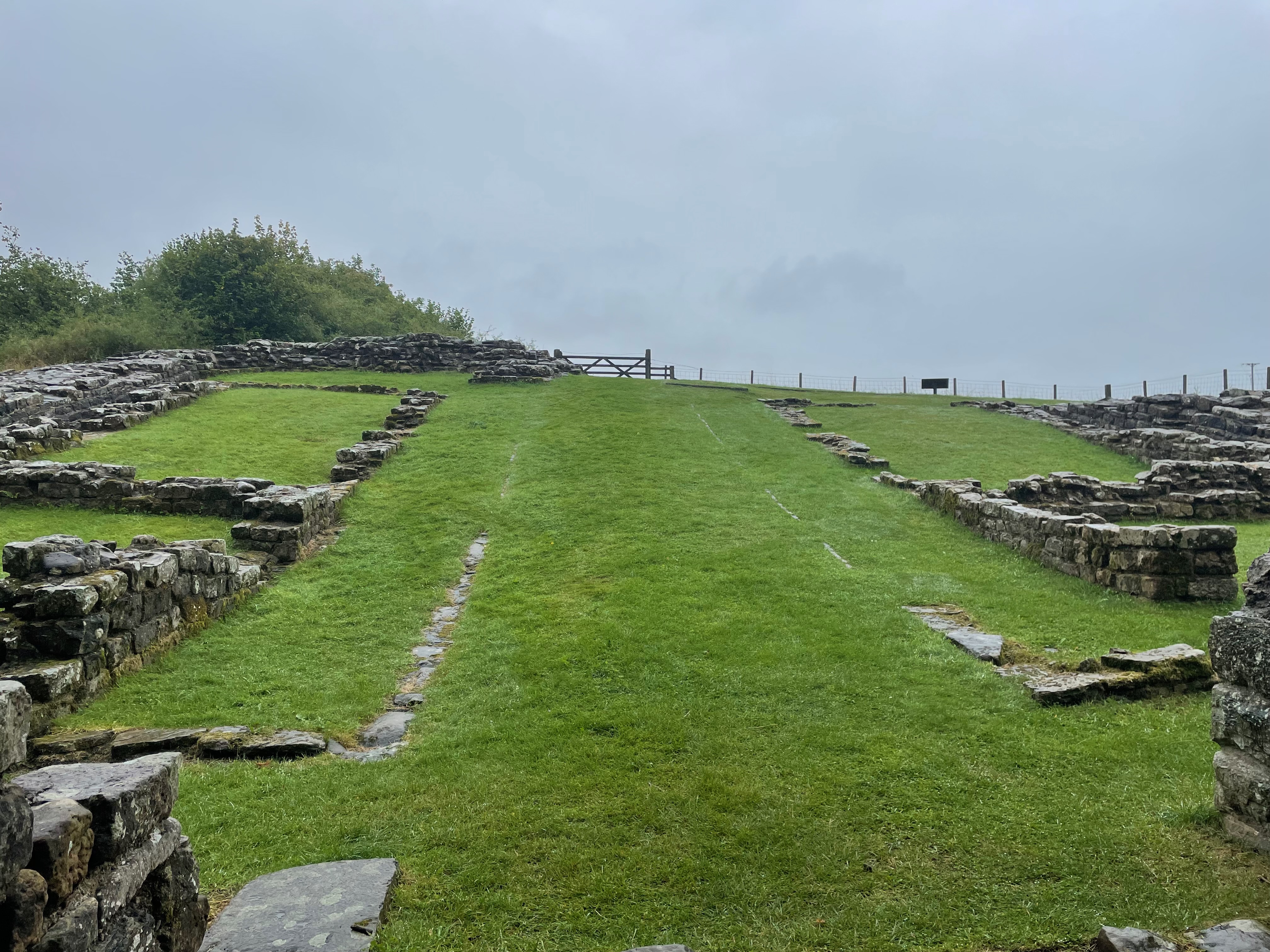 View of a roman mile castle.  The view is up the central avenue with low walls were rooms used to be either side.  A farm gate is at the far end.