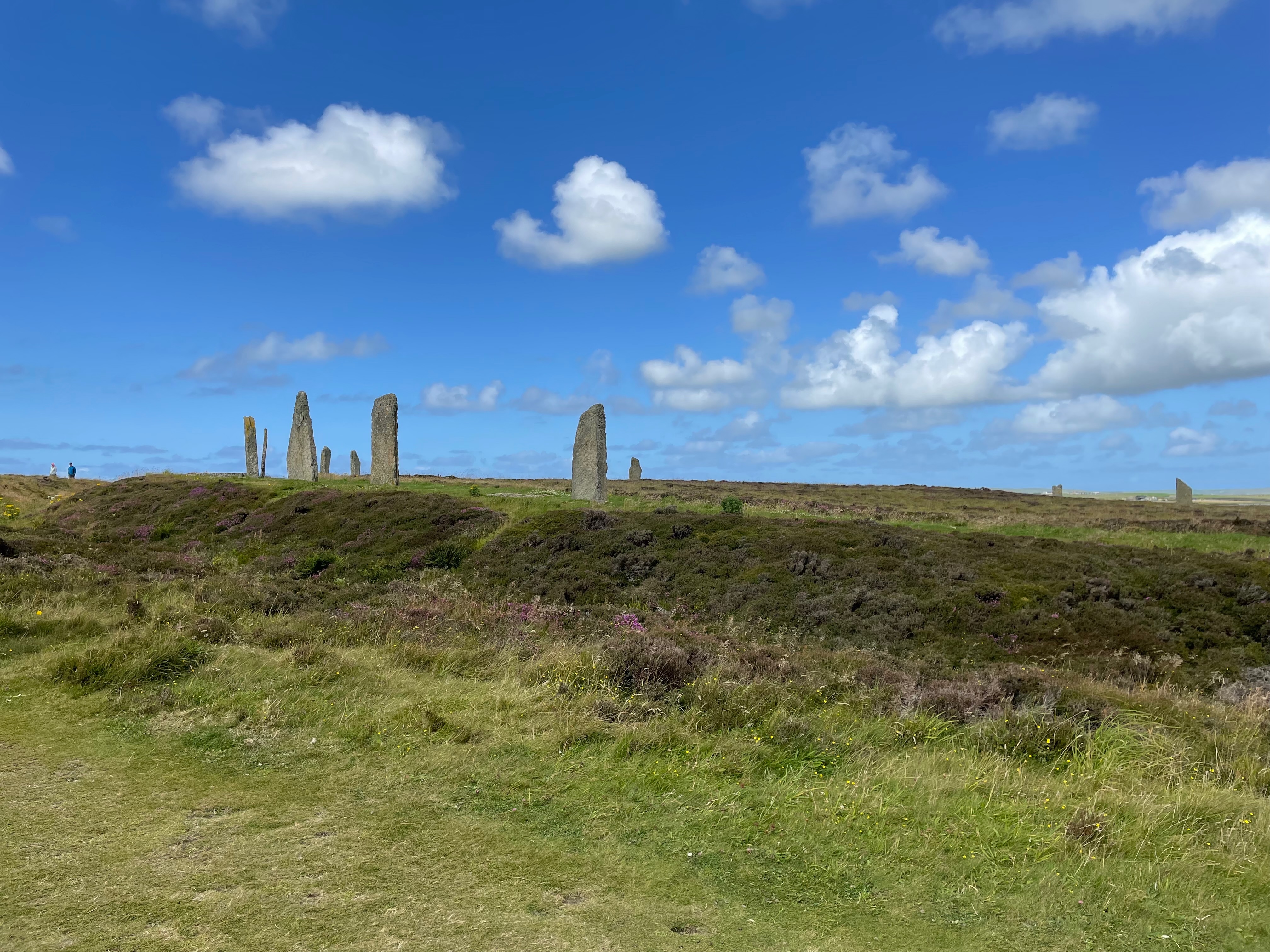 Blue Sky.  Standing stones march across the landscape.  This is one end of a large circle.  The stones are on top of a bank with a ditch in front.