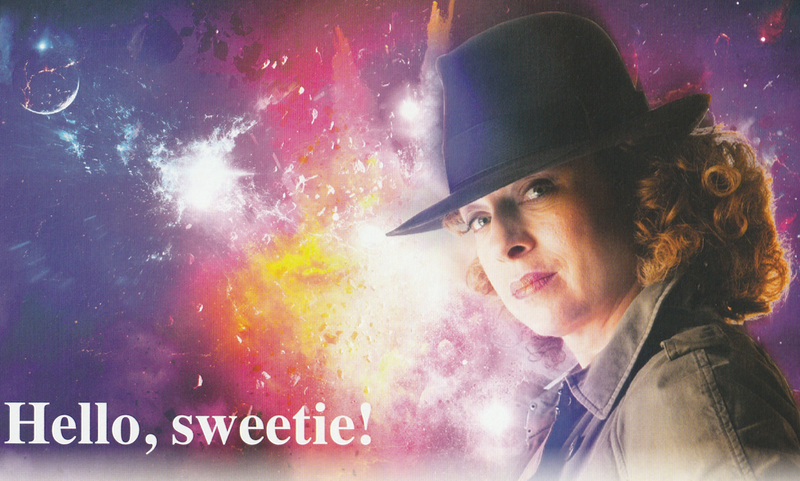 A picture of River Song as Melody Malone photoshopped against an image of an exploding nebula or sun or some such plus the words Hello sweetie!