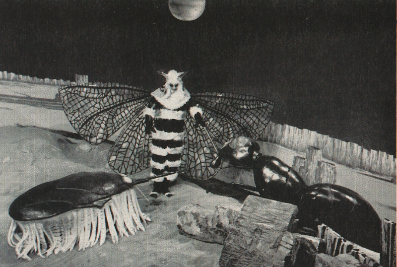 Black and white photo - probably a publicity shot of the creatures from the Web Planet.  A venom grub, a menoptera and a zarbi.