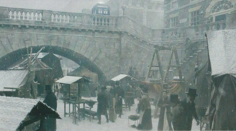 The Frost Fair from Thin Ice.  The Tardis is on a stone arched bridge over the frozen river which is full of stalls and people in Georgian garb.