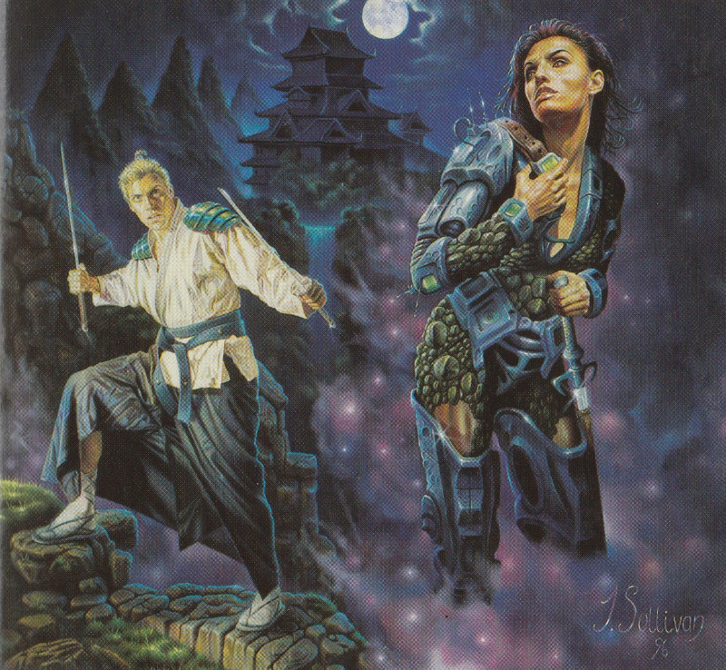 The Cover of The Room with no Doors New Adventure Novel.  Chris Cwej in a vaguely samurai outfit holding two swords and a woman in futuristic armour that has a vaguely reptilian under armour.  Purple starry swirly background and with a vague silhouette of a pagoda-like structure with a moon above it.