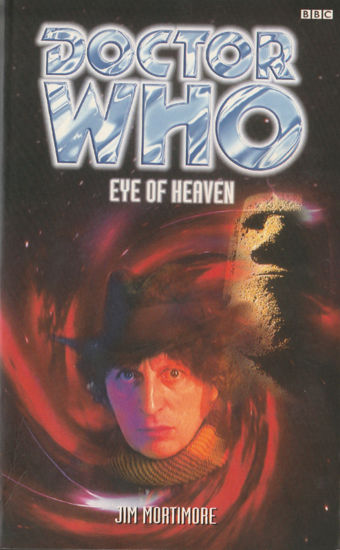 Cover of the Past Doctor Adventure Eye of Heaven by Jim Mortimore.  The fourth Doctor's face in a red swirl.  An image of an Easter Island statue to the right.