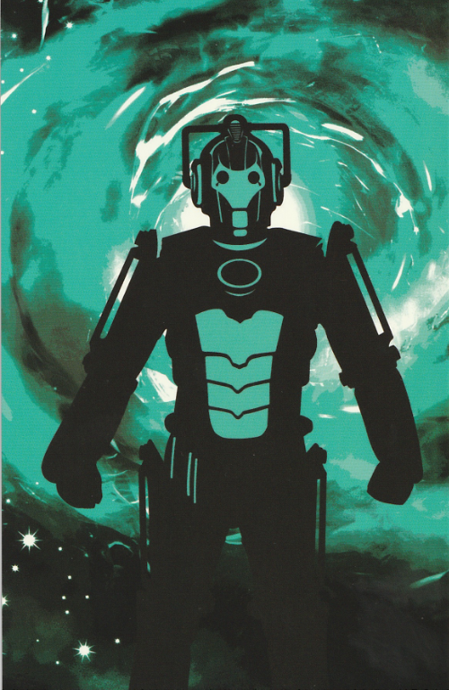 a cut-out silhouette style image of a new series cyberman agains a green swirly background.