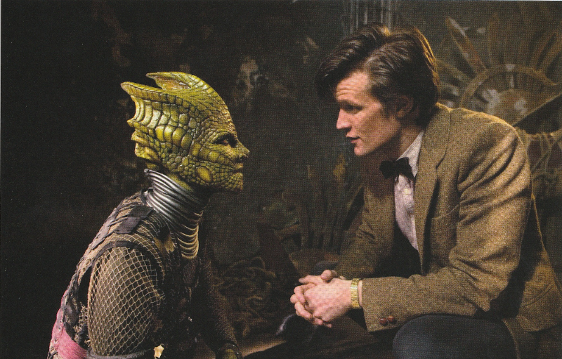 The Eleventh Doctor talking to the Silurian, Alaya.