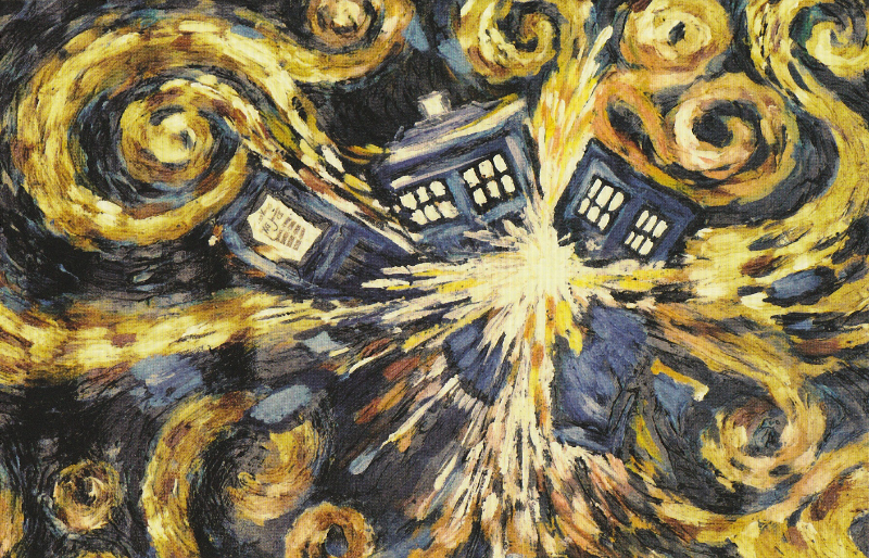 An exploding Tardis painted in the style of Van Gogh's starry night