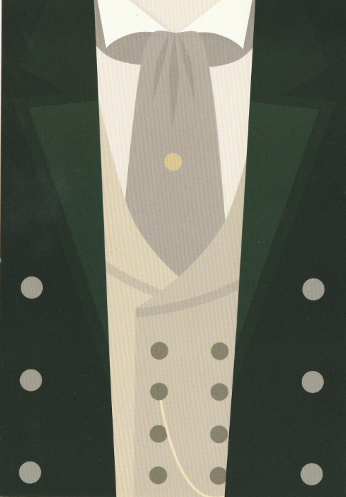 Stylistic rendering of the Eighth Doctor's Coat, waistcoat and cravat.  An oblong image from neck down to waist.  Coat is dark green with three silver circles for buttons both sides.  Waistcoat is beige with eight green button circles in two columns and a line from the second button down the right under the coat.  Cravat is grey with one gold button circle in the middle.  White shirt with a collar under it all.